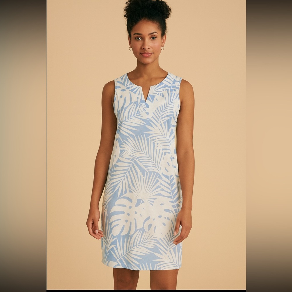 Carribean Joe Leaf Printed Tunic Dress Women’s Large Sleeveless Pockets FLAW